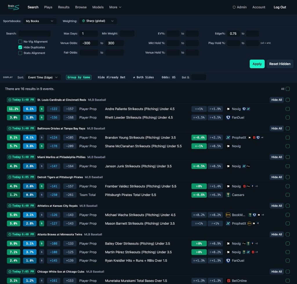 8rain Station® search results comparing model prices, expected value, and sportsbook odds