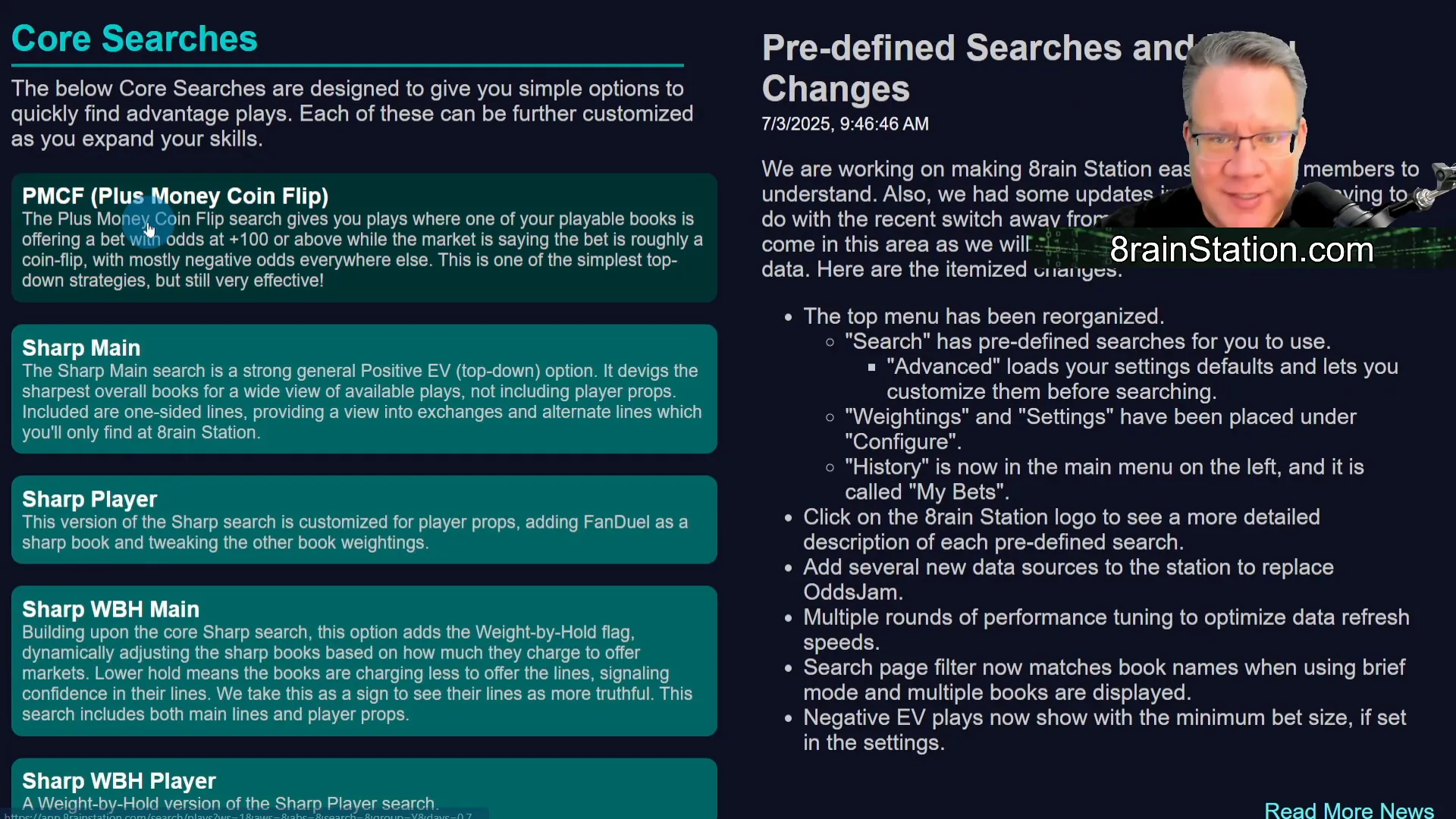 8rain Station Core Searches page with list of strategies