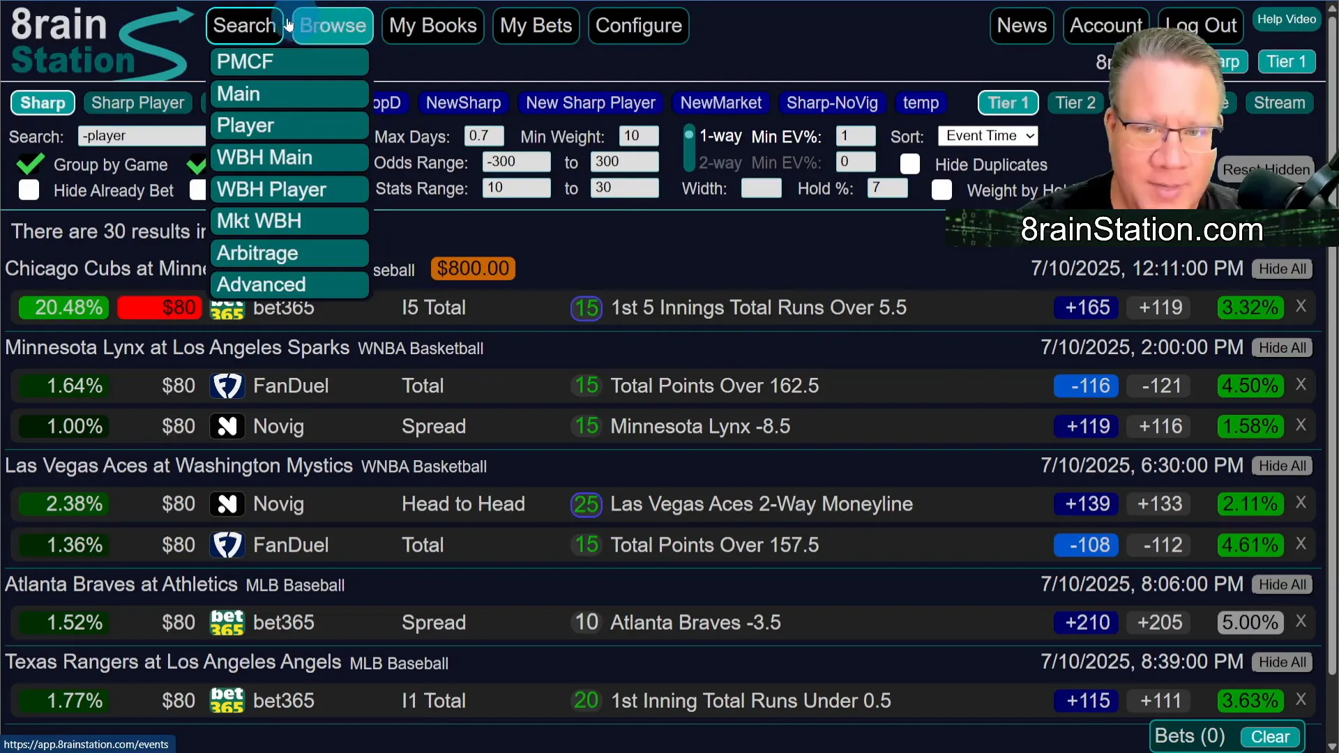 Browse page showing upcoming sports events and available lines