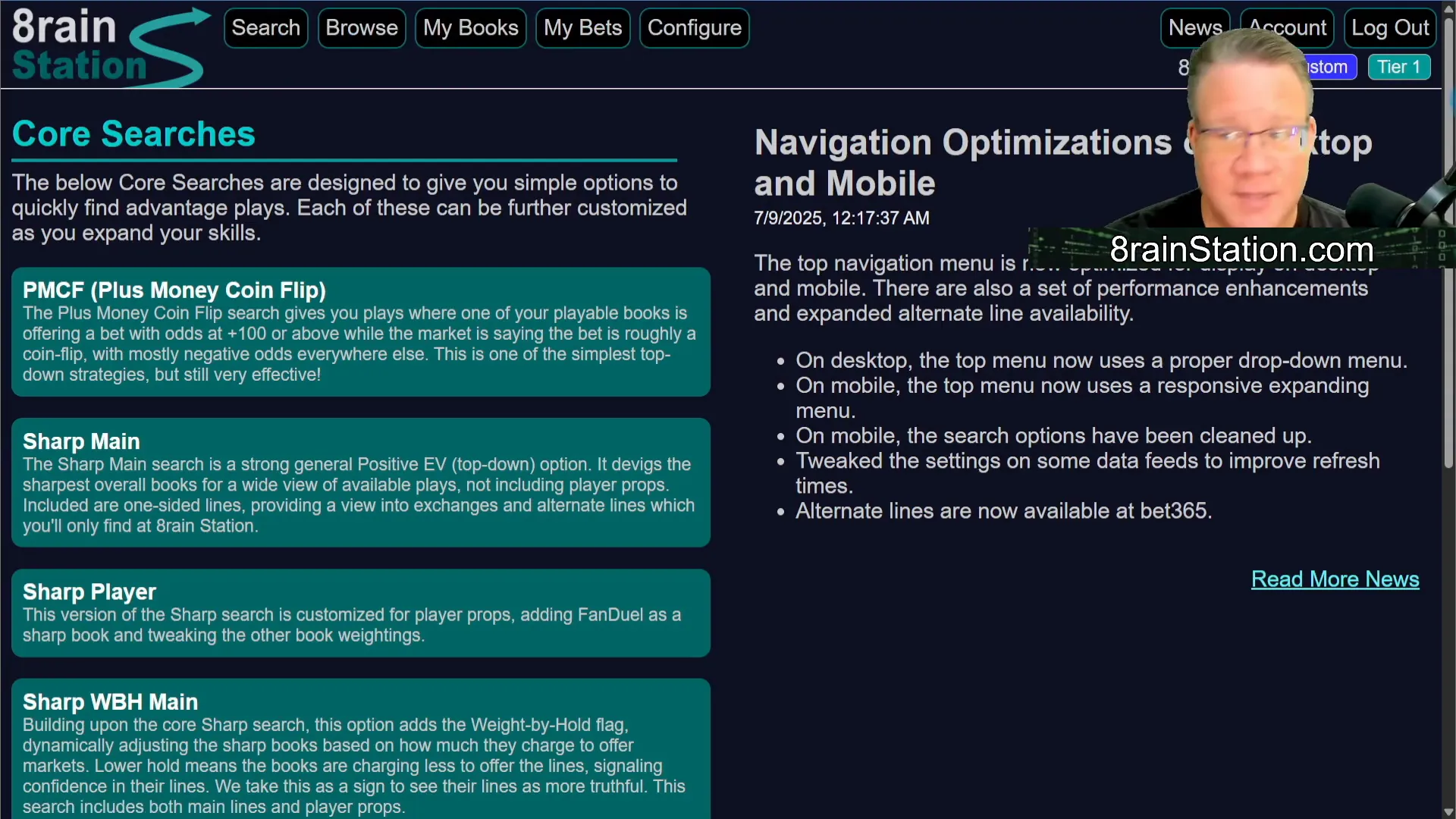 8rain Station main dashboard showing menu bar and core searches
