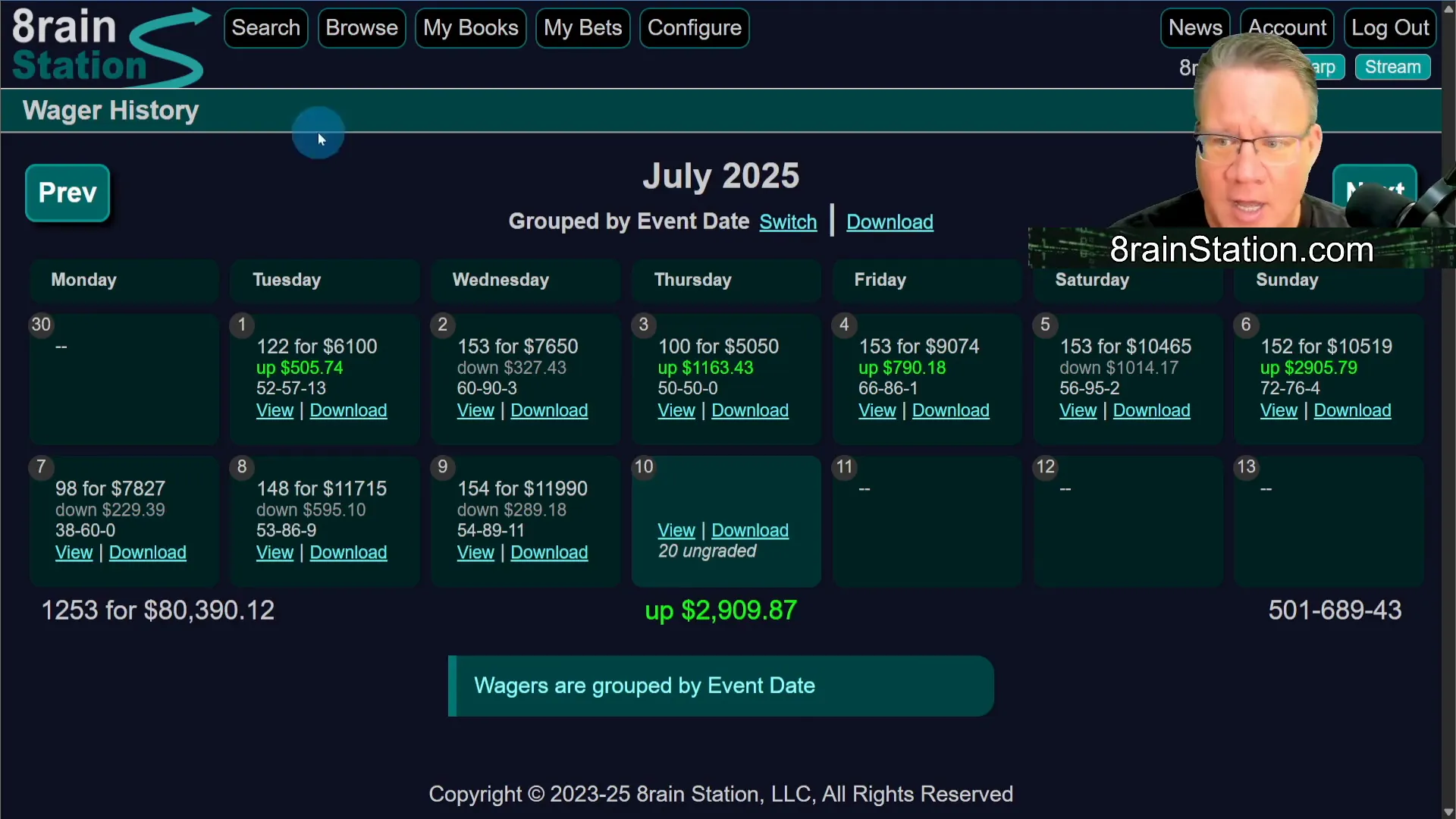 My Bets page showing betting performance and grading options